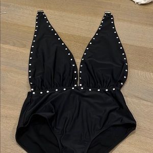 Black low v neck swimsuit with open back